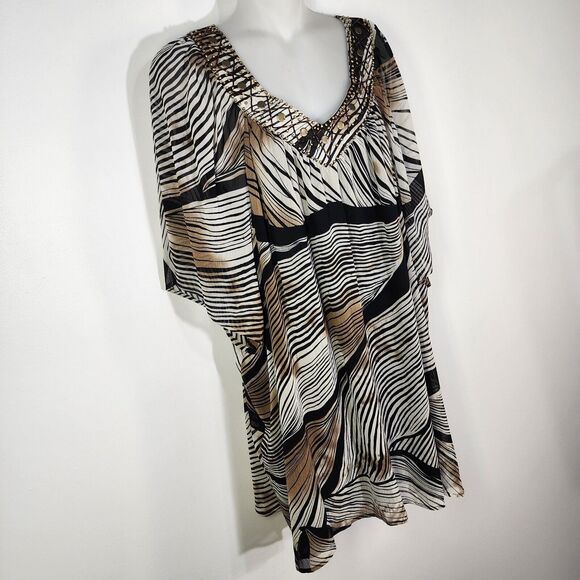 Maggie Barnes Tunic Top 4X 30/32W Striped Short Sleeve Beaded V Neck Tunic Lined - Picture 4 of 11